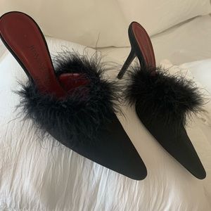 YSL Black Point Toe Mule with Boa Trim